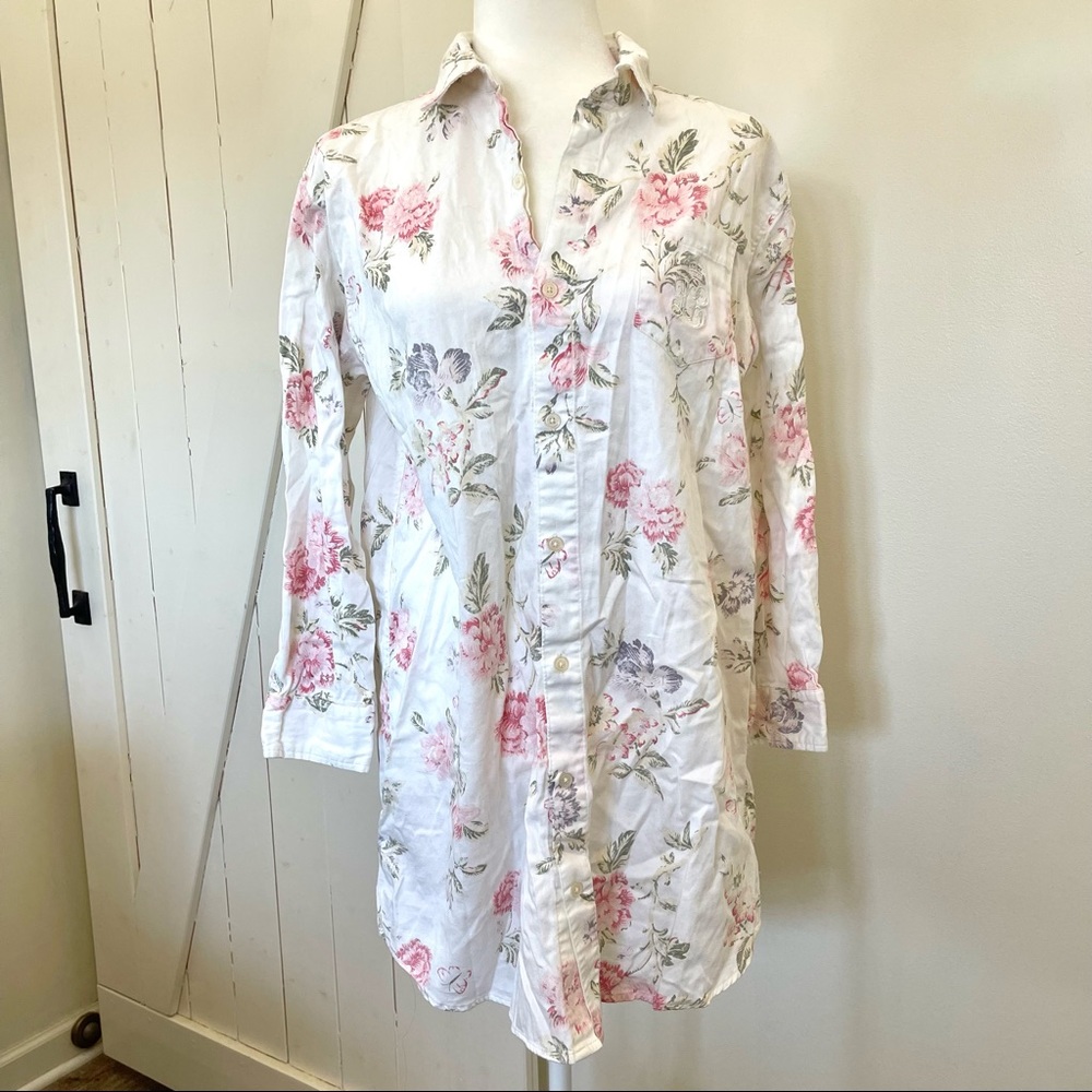 Ralph Lauren button down floral tunic long sleeve medium white and pink shirt